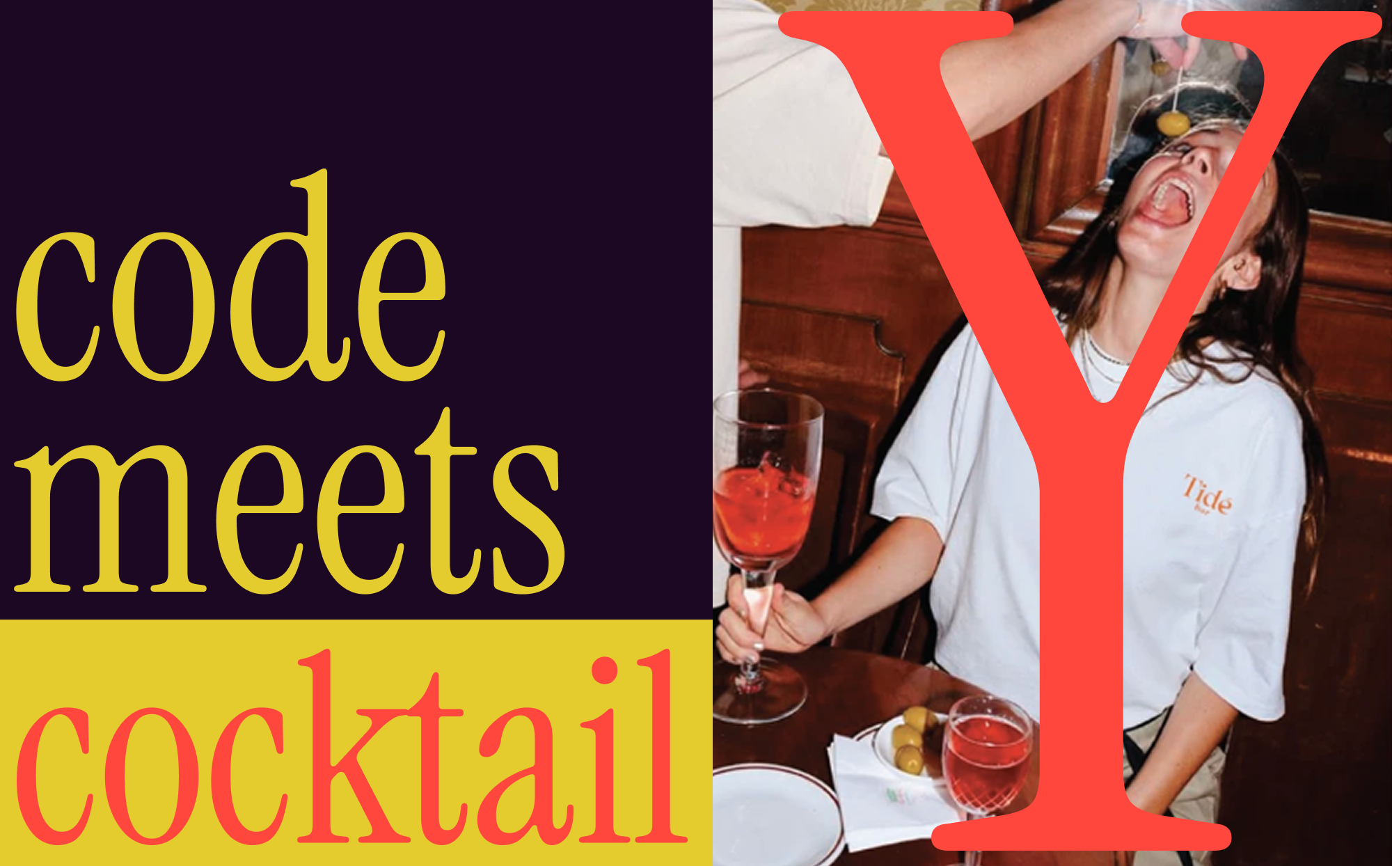 Jery visual identity — “code meets cocktail” typography next to a photo of a woman drinking a cocktail behind a large red Y